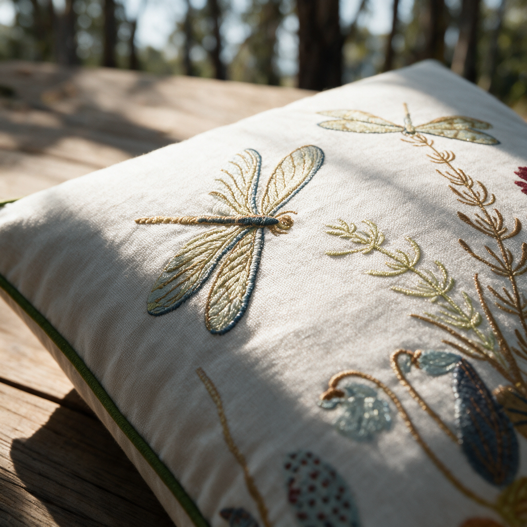 Macro detail of an embroidered dragonfly and flower stems stitched on the cream woven ground.