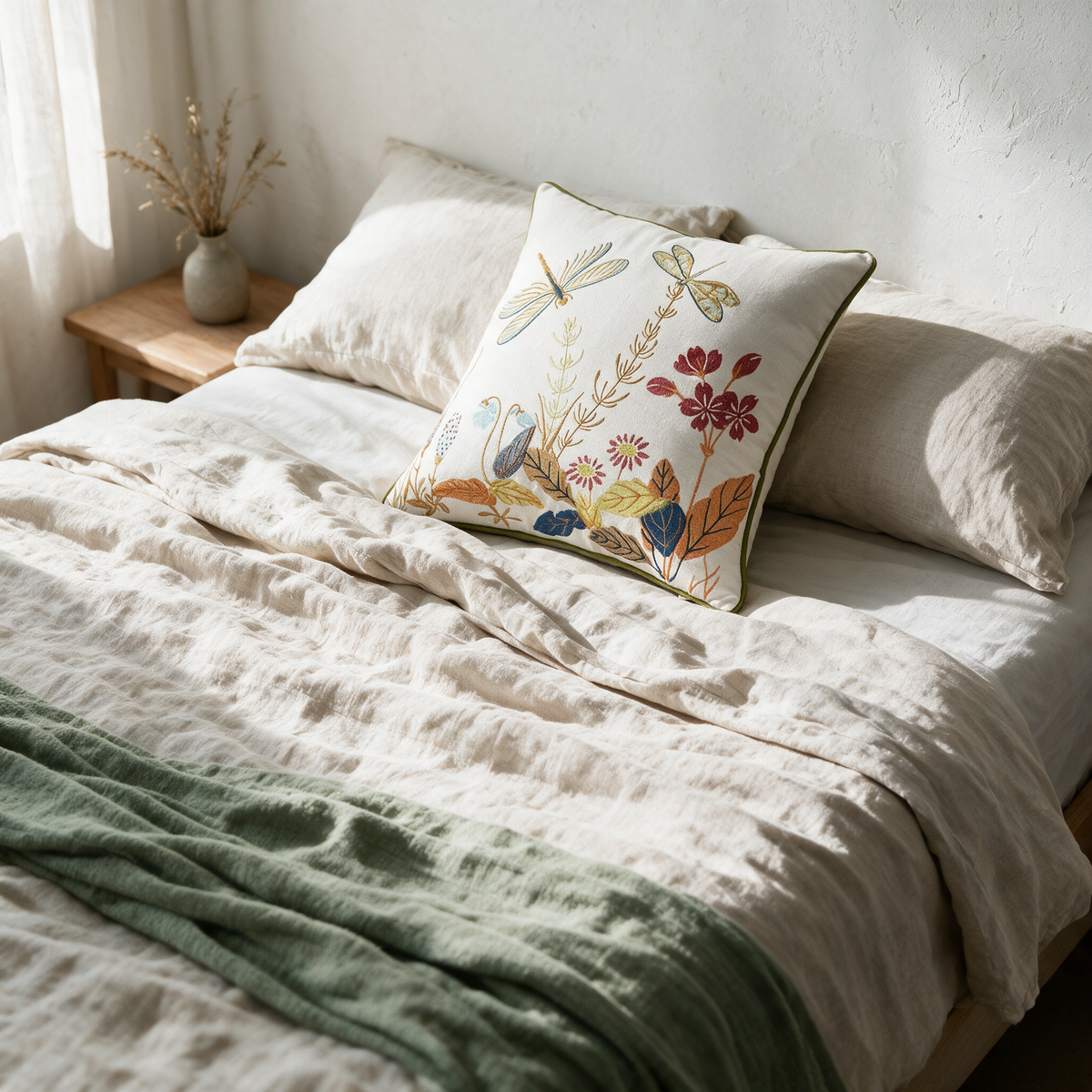 High angle view of the embroidered cushion at the head of a rumpled linen bed in morning light.