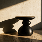 The empty stacked pebble table on a stone floor against a sunlit plaster wall
