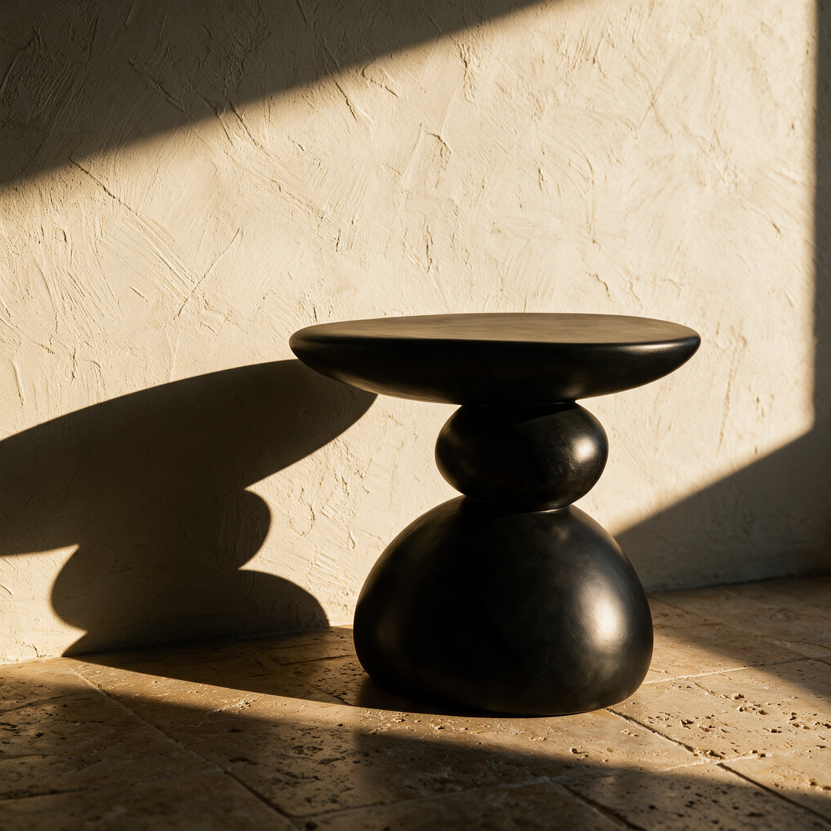 The empty stacked pebble table on a stone floor against a sunlit plaster wall