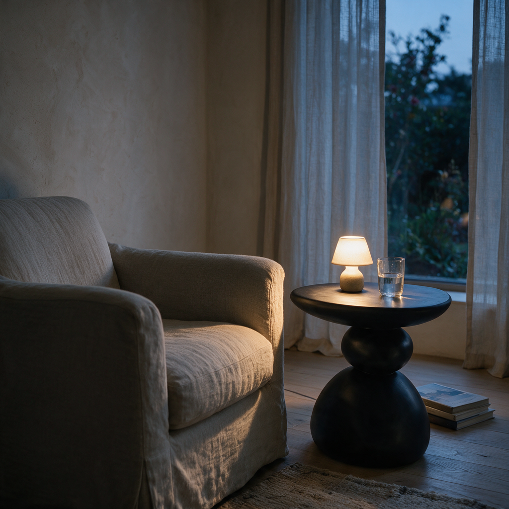 Matte black stacked pebble side table beside a linen armchair with a lit lamp at dusk