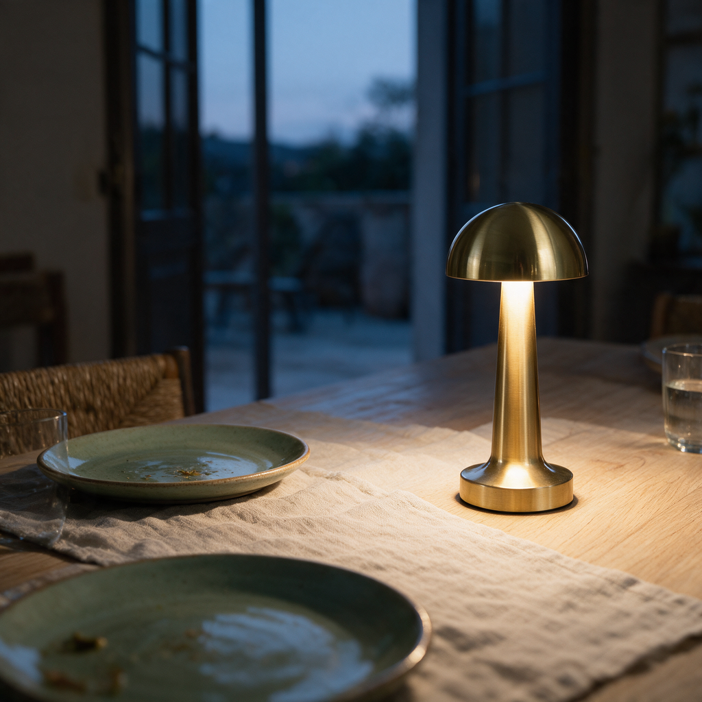 Gold mushroom lamp glowing on a pale oak dining table after a meal at dusk.