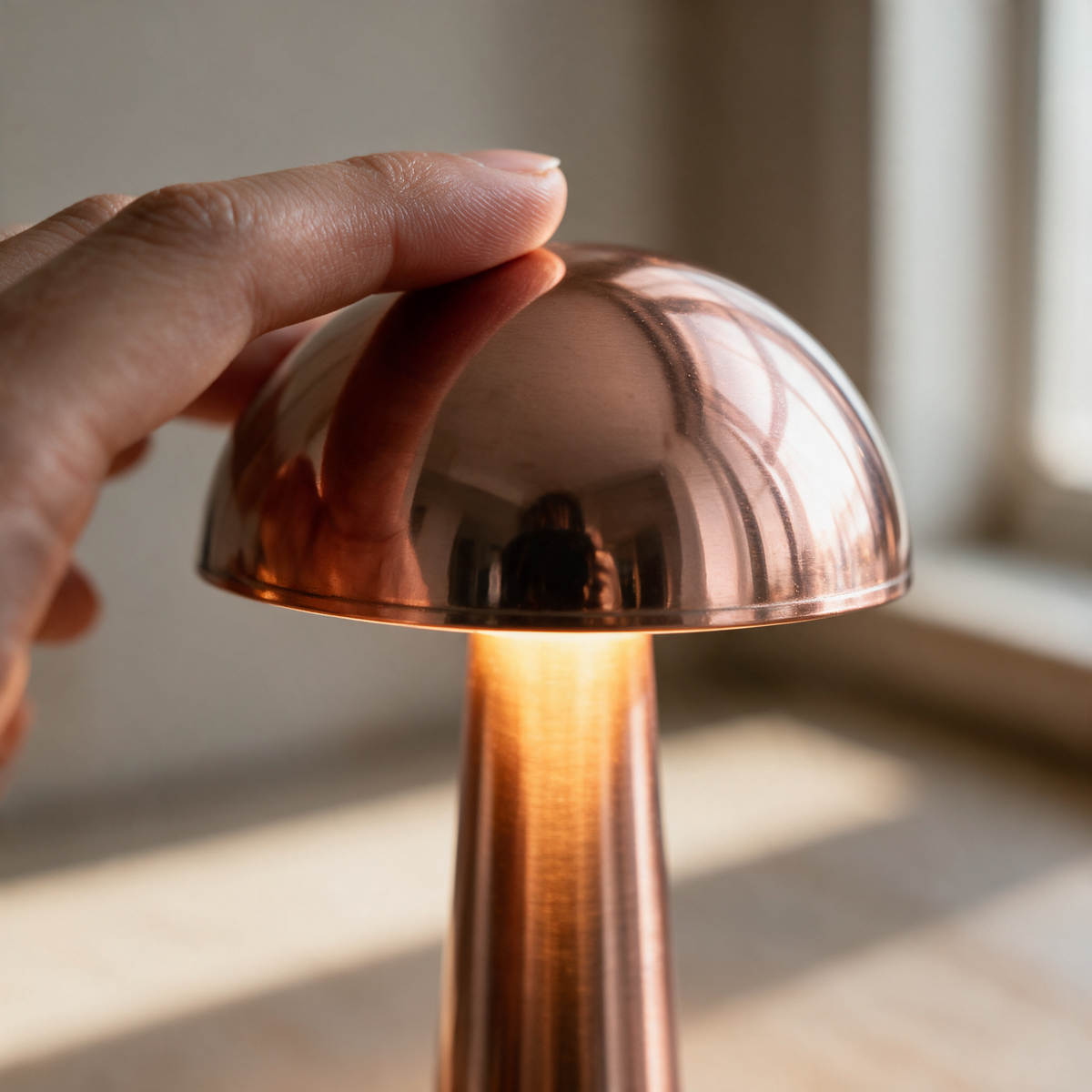 Close-up of a fingertip touching the rose gold domed cap to dim the lamp.
