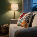 Side view along a linen sofa at dusk with the embroidered floral cushion lit by a warm floor lamp.