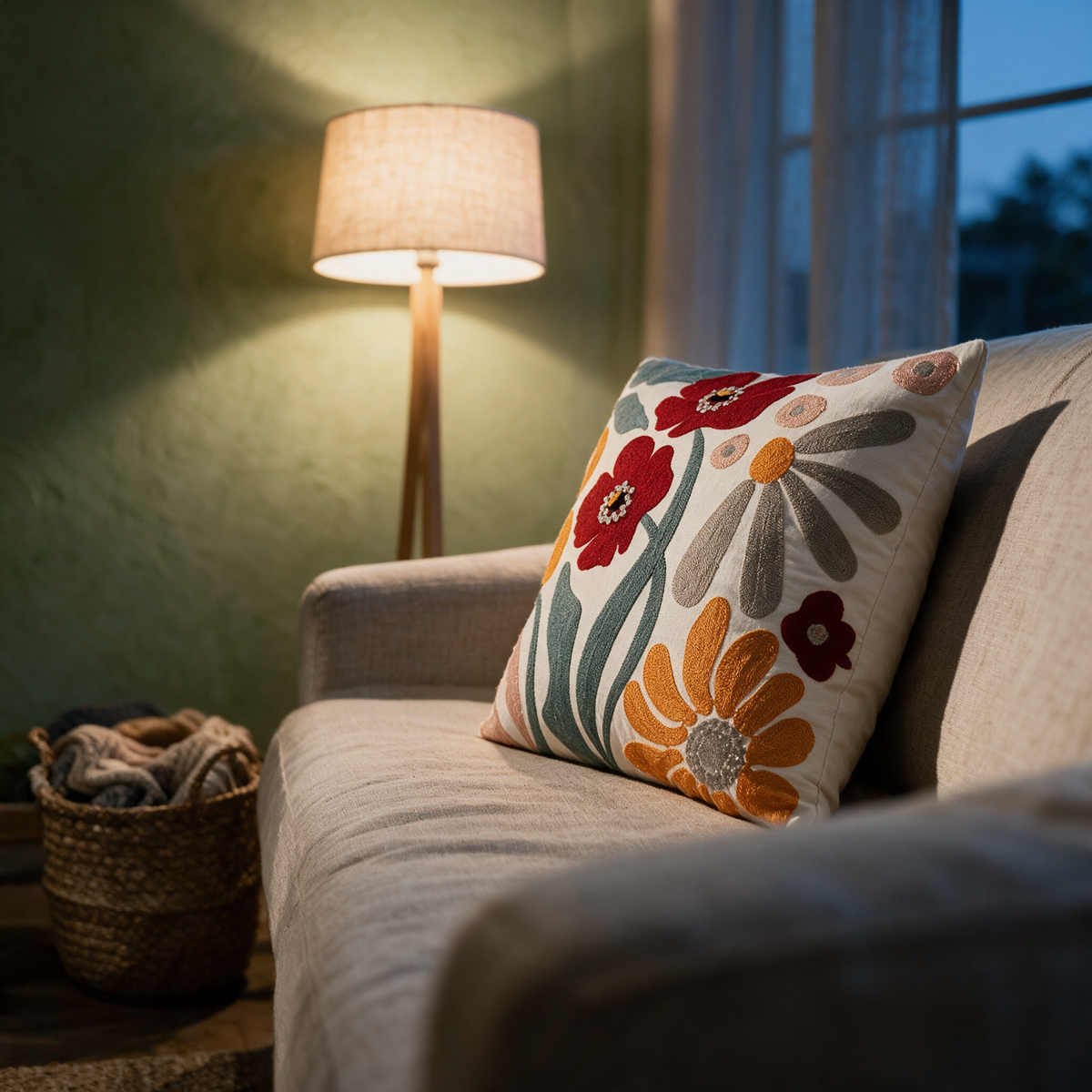 Side view along a linen sofa at dusk with the embroidered floral cushion lit by a warm floor lamp.