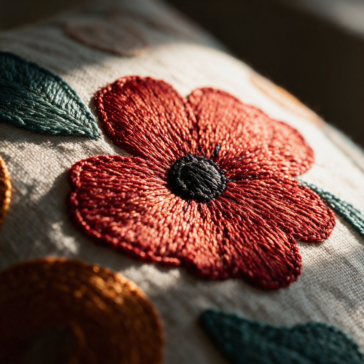 Macro detail of the dense stitching at the centre of an embroidered red poppy with a teal leaf.