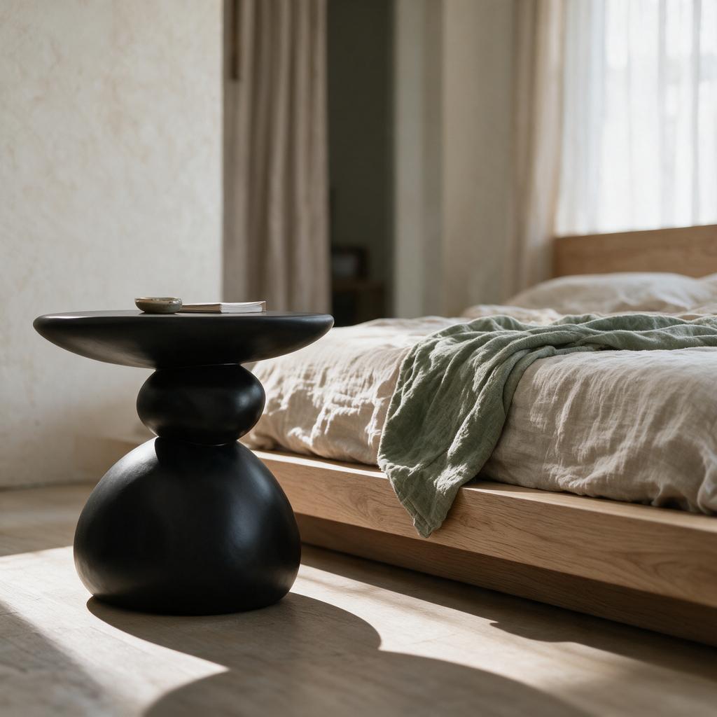 Low view of the pebble stack table beside a bed showing its wide base