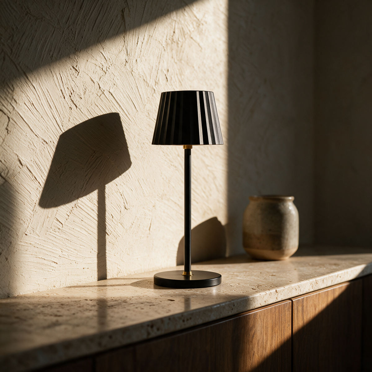 Unlit table lamp on a travertine sideboard with raking sunlight picking out the fluted shade.