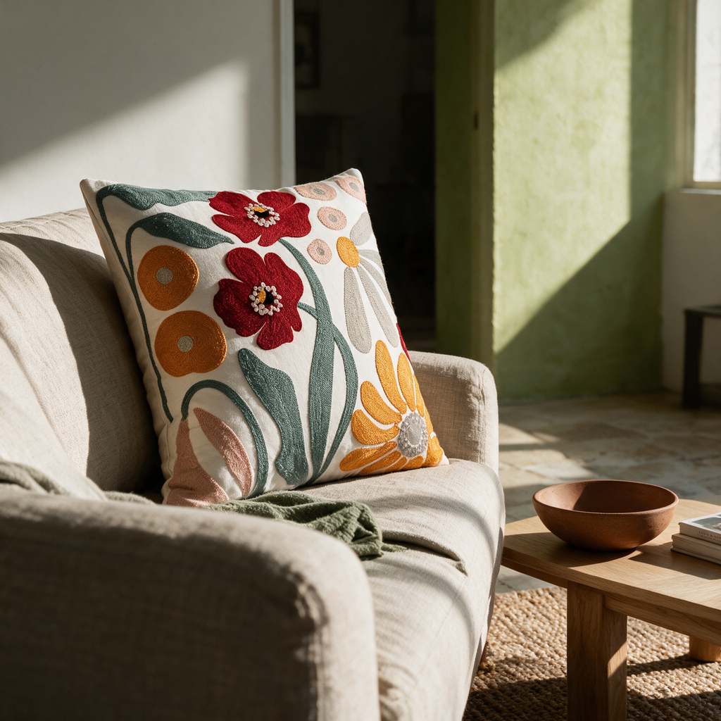 Boldly embroidered floral cushion in red, orange and teal in the corner of an oatmeal linen sofa.
