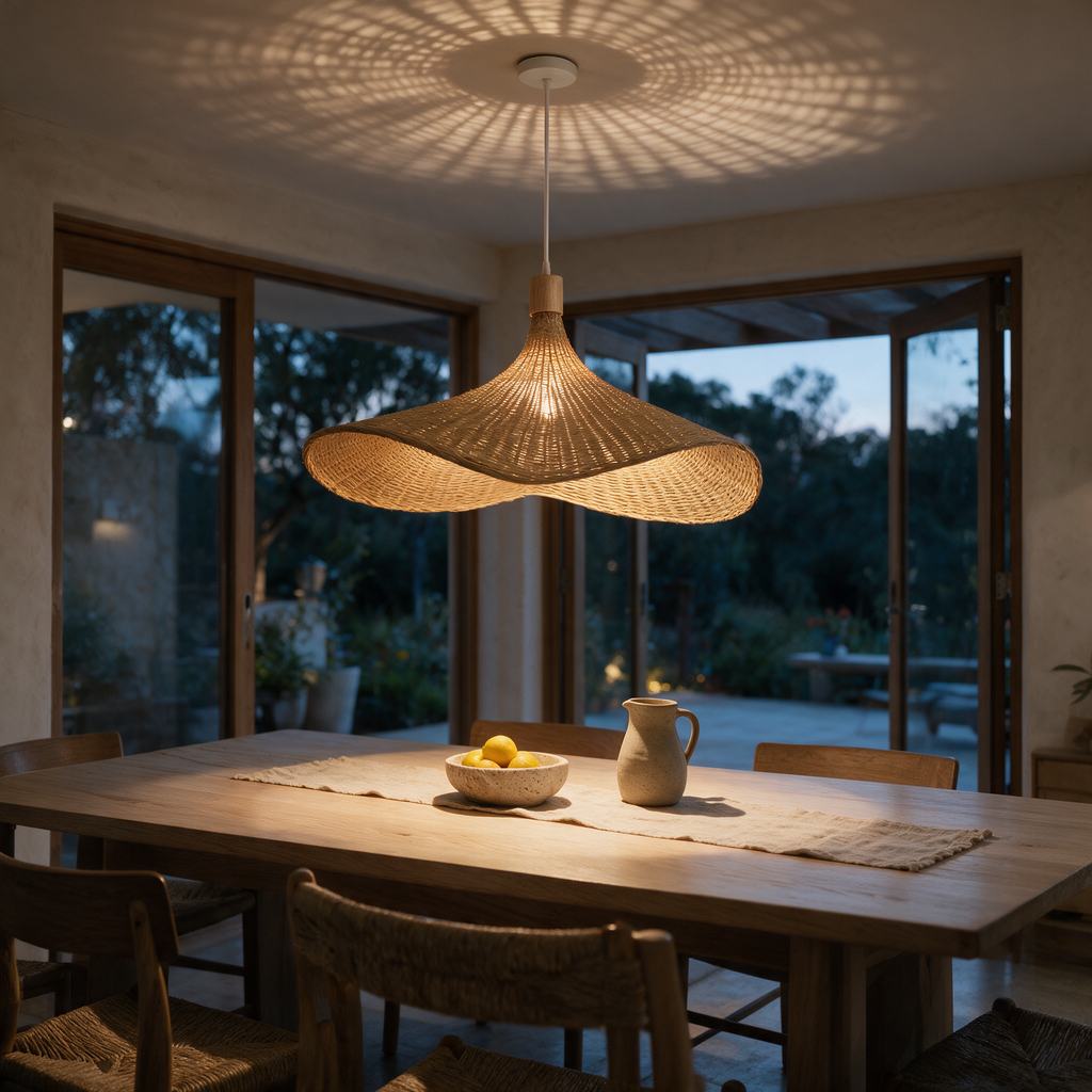 Wide woven rattan pendant with a rippled rim lit above a long oak dining table at dusk.