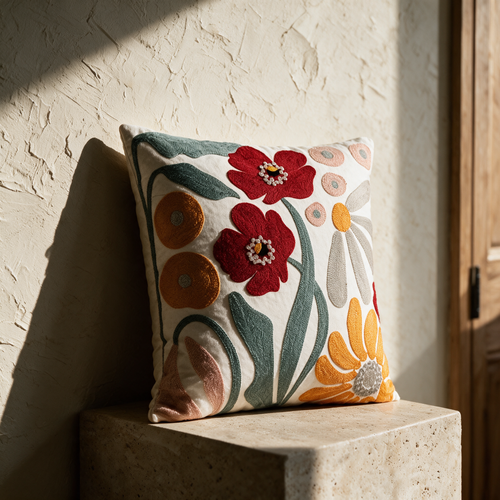 The embroidered floral cushion standing alone on a stone plinth against a plaster wall in raking light.