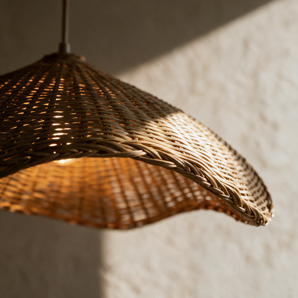 Macro close-up of the woven rattan strands turning over the wavy rim with warm light glowing through the gaps.