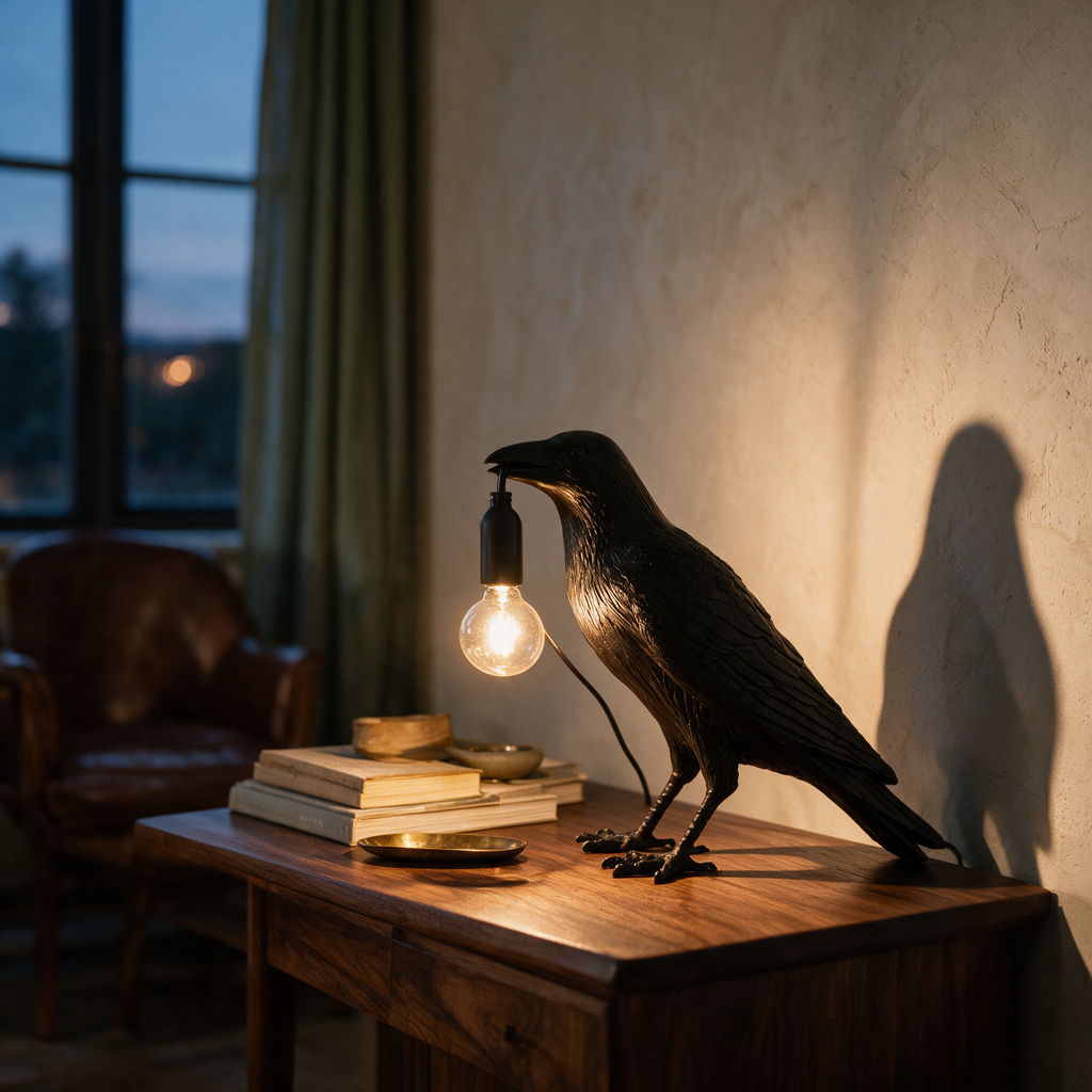 Black crow sculpture lamp lit on a walnut console in a study at dusk.