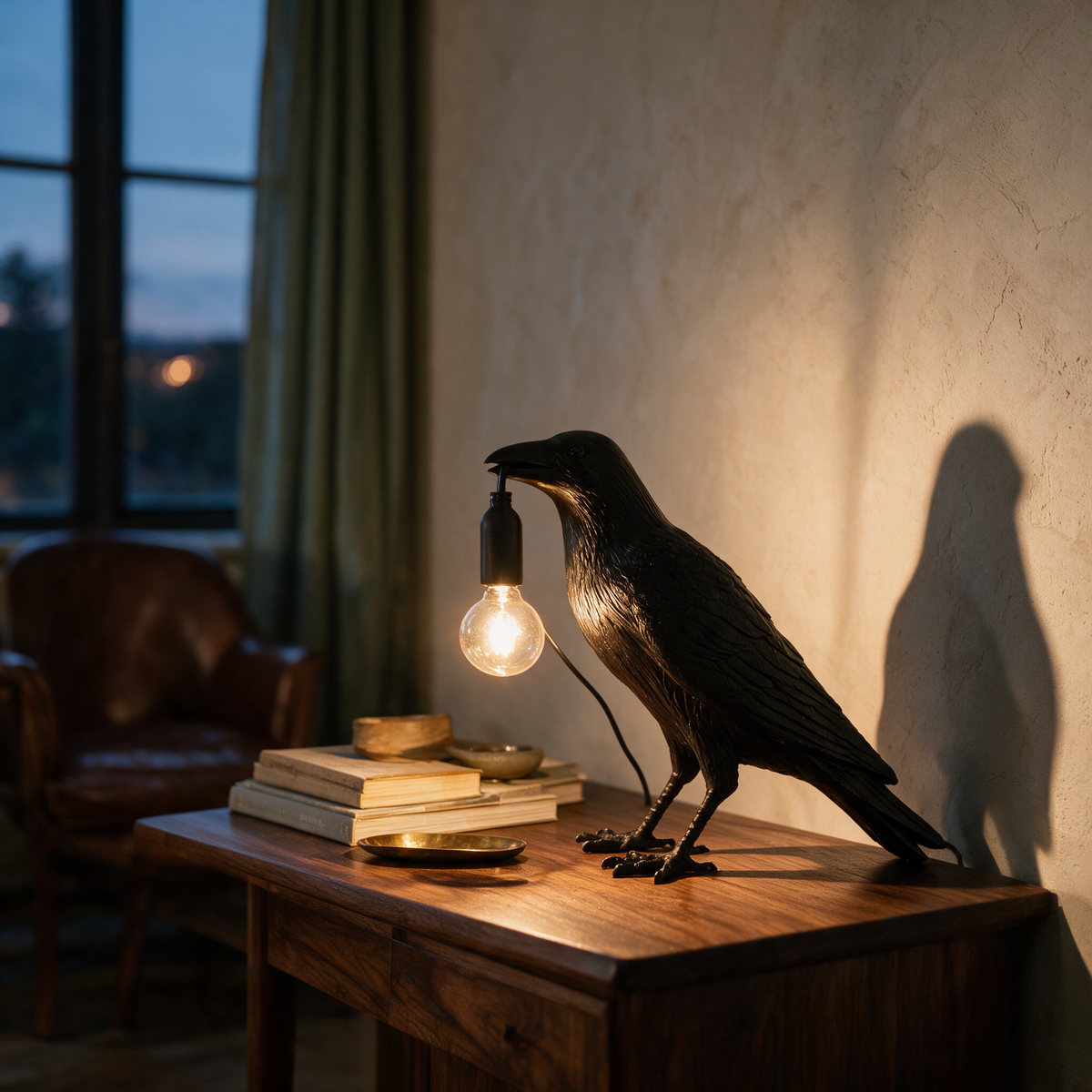 Black crow sculpture lamp lit on a walnut console in a study at dusk.