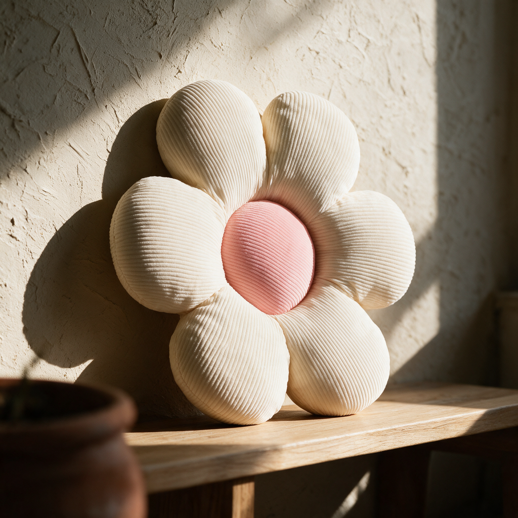 The flower cushion standing on edge on an oak bench, its petals casting scalloped shadows on plaster.