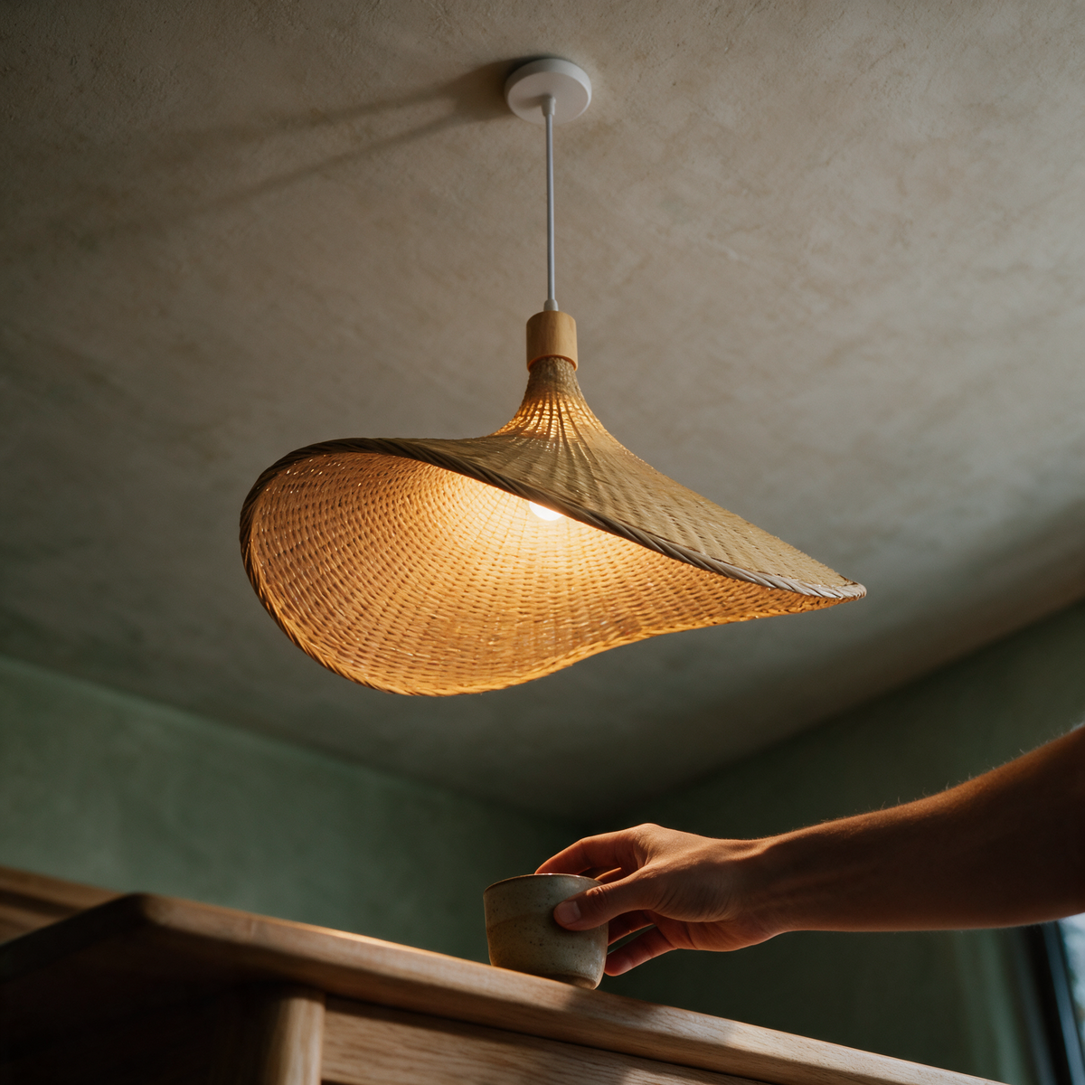 Looking up at the glowing underside of the rattan pendant with a hand setting down a stoneware cup below.