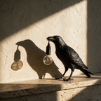 Unlit crow lamp on a travertine ledge casting a long shadow across a plaster wall.