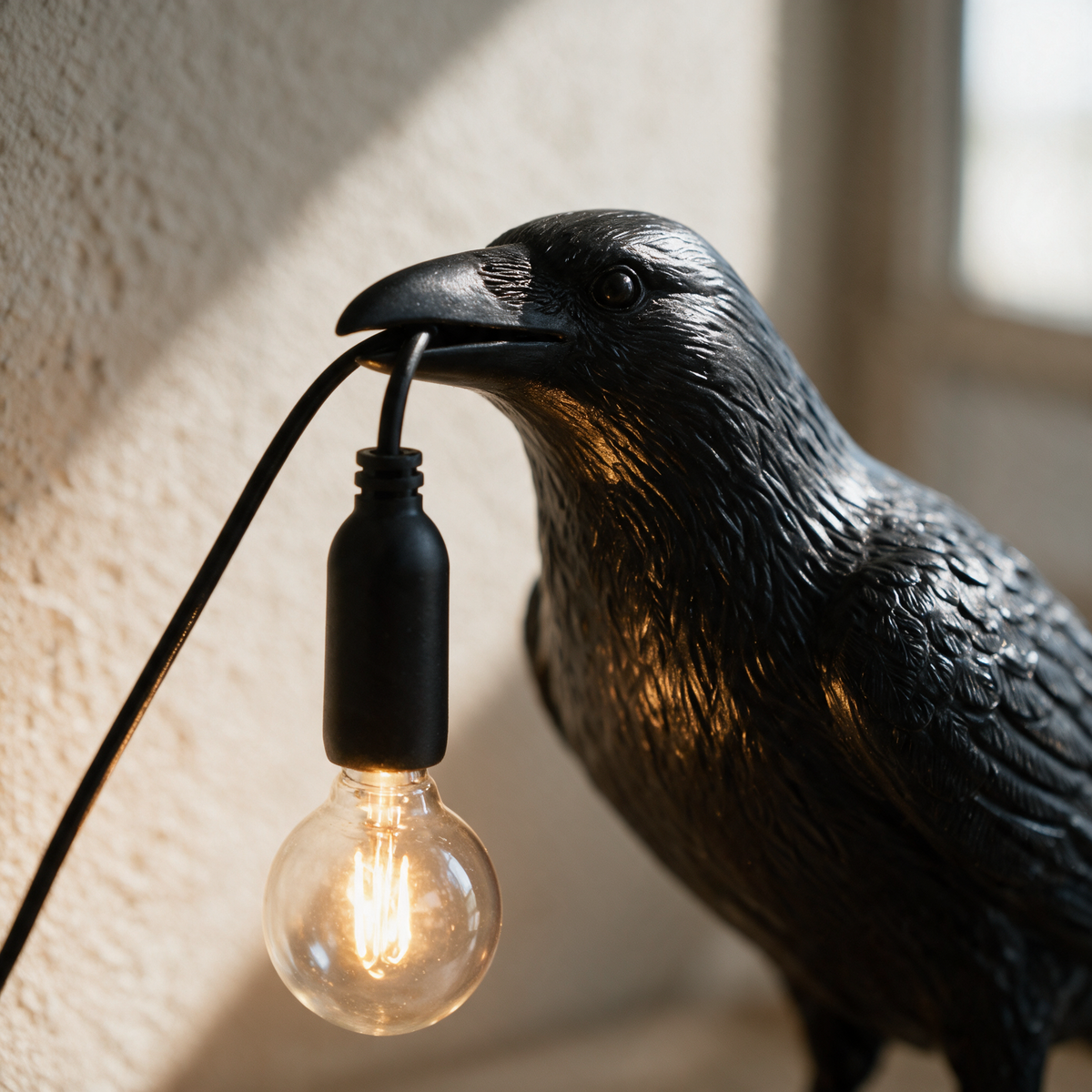 Close-up of the crow's beak holding the cord with the filament bulb glowing below.