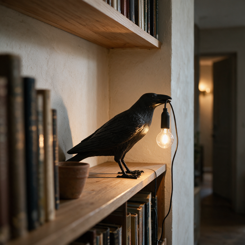 Side profile of the lit crow lamp on a pale oak bookshelf beside a row of books.