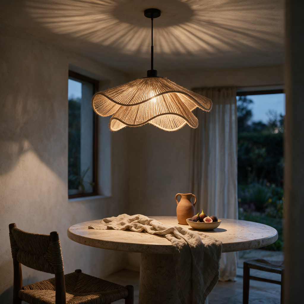 Wide frilled jute pendant lit above a round travertine dining table at dusk.