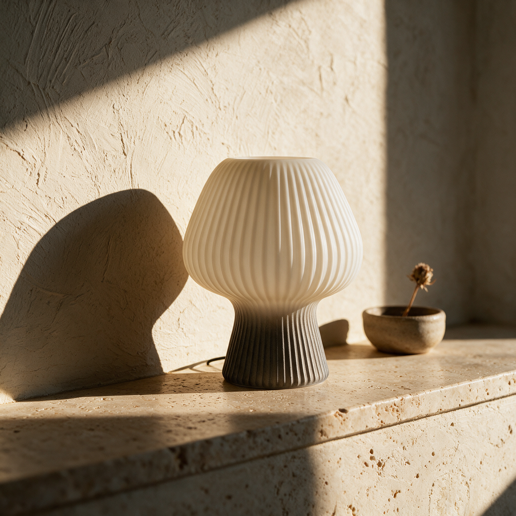 Unlit ribbed glass mushroom lamp on a travertine ledge in raking afternoon sun.