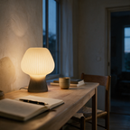 Ribbed opal glass mushroom lamp glowing on a pale oak desk at dusk.