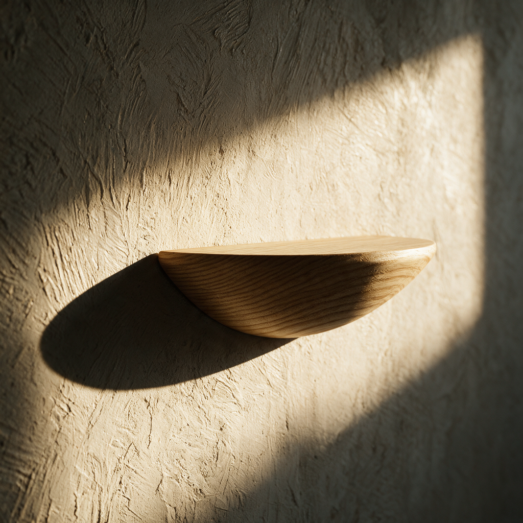 The empty half-moon ledge on a textured plaster wall casting a crescent shadow