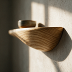 Close-up of the curved oak front edge where the ledge meets the wall
