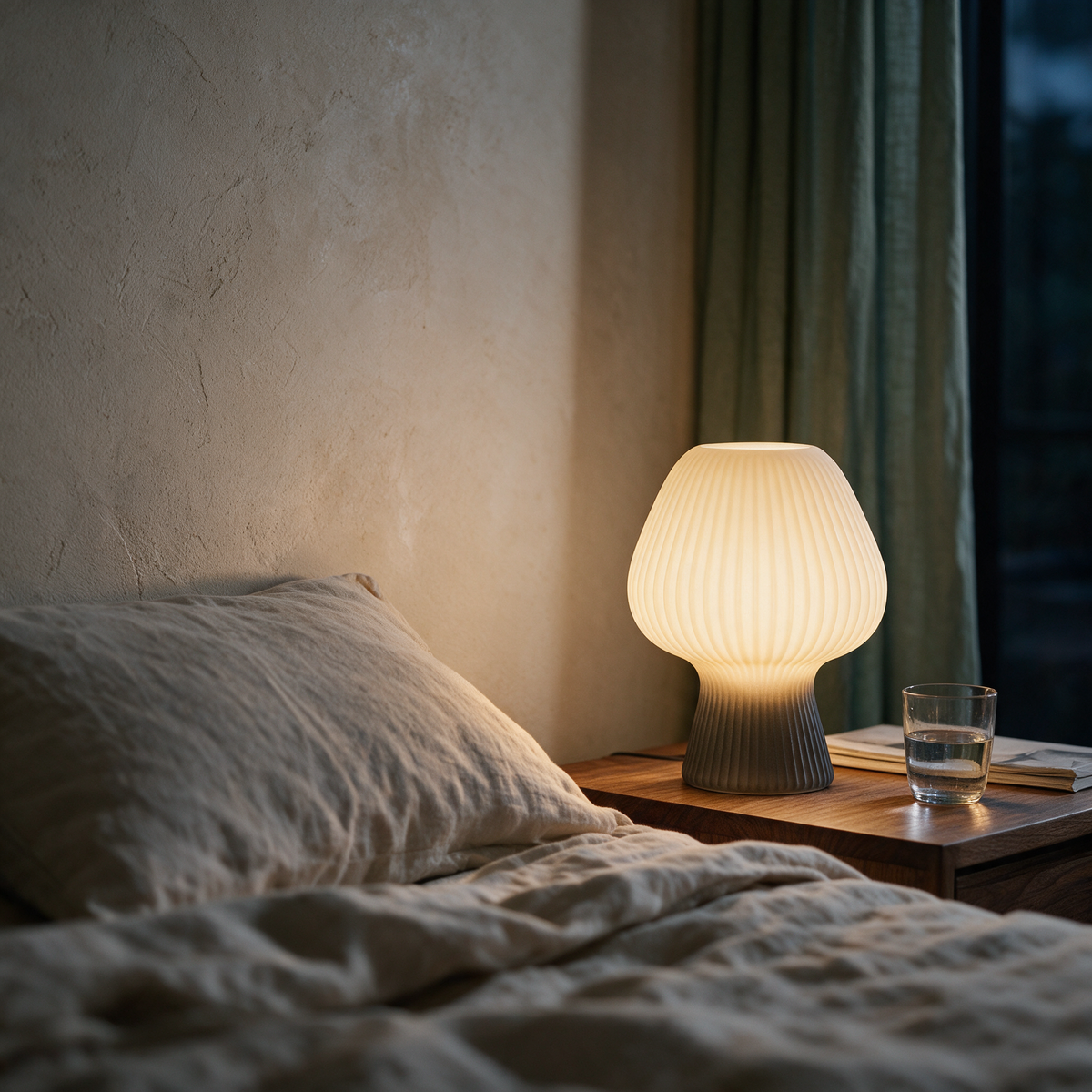 The lamp lit on a walnut bedside table seen from pillow height.