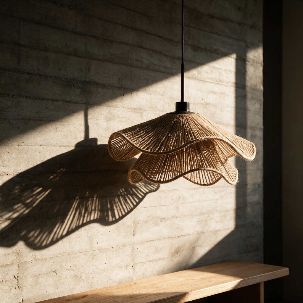 Unlit jute pendant casting a scalloped shadow across a board-formed concrete wall in raking afternoon sun.
