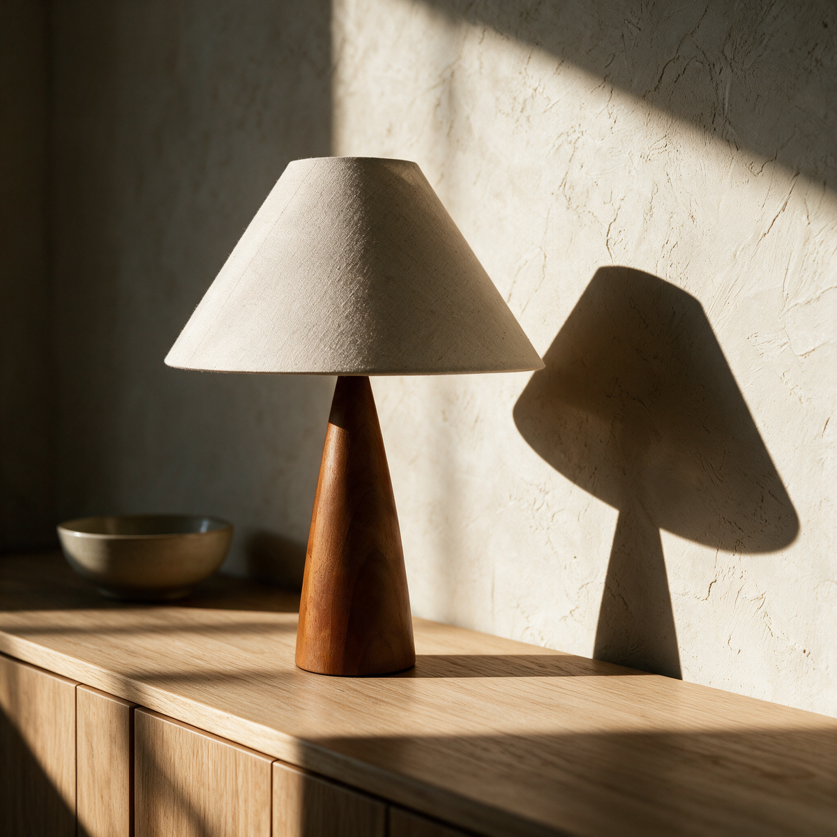 Unlit linen cone lamp on a pale oak sideboard in raking afternoon light.