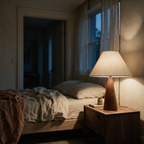 Linen cone lamp on a walnut base glowing beside a low bed at dusk.