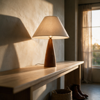 Side profile of the lit lamp on a hallway console at golden hour.