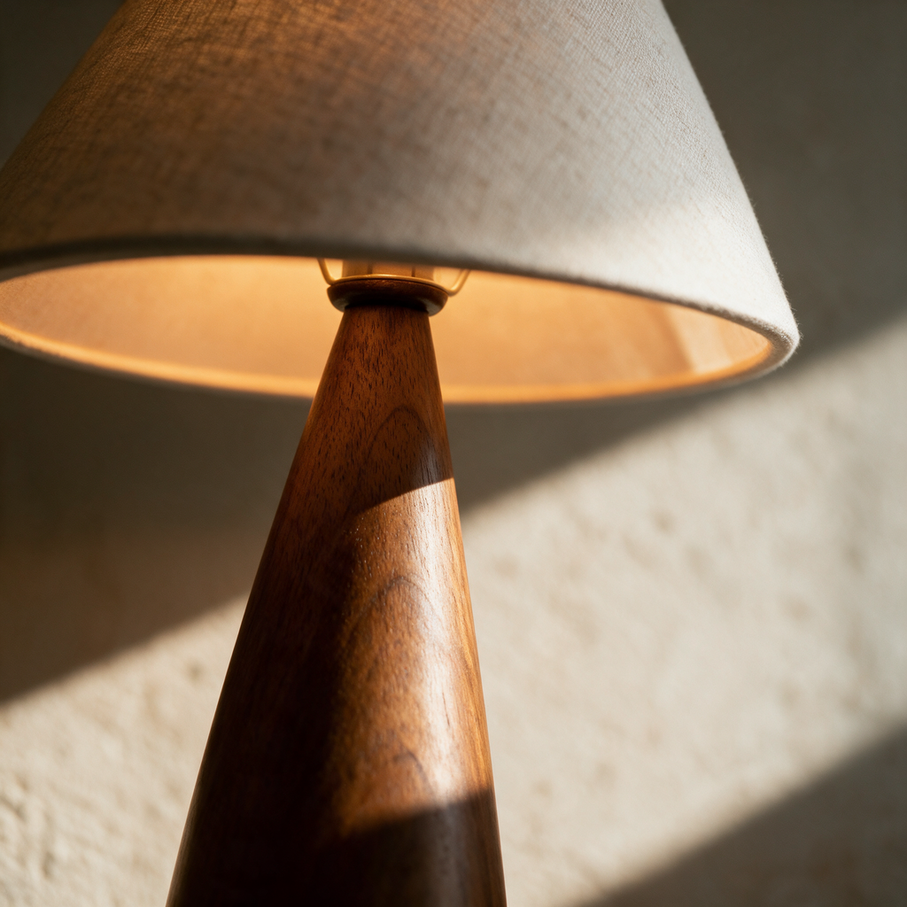 Close-up of the neck where the turned timber base meets the linen shade.