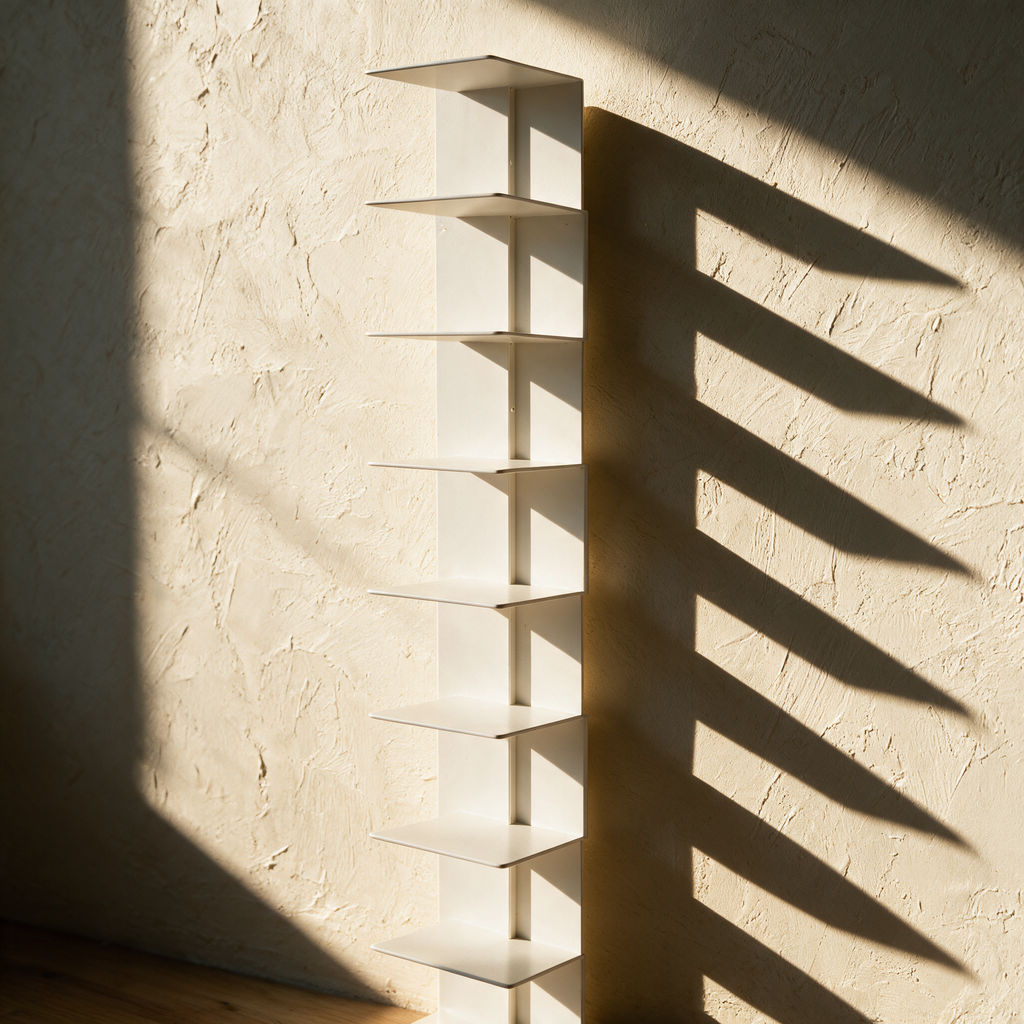 The empty white spine bookshelf on a plaster wall showing its staggered shelf plates