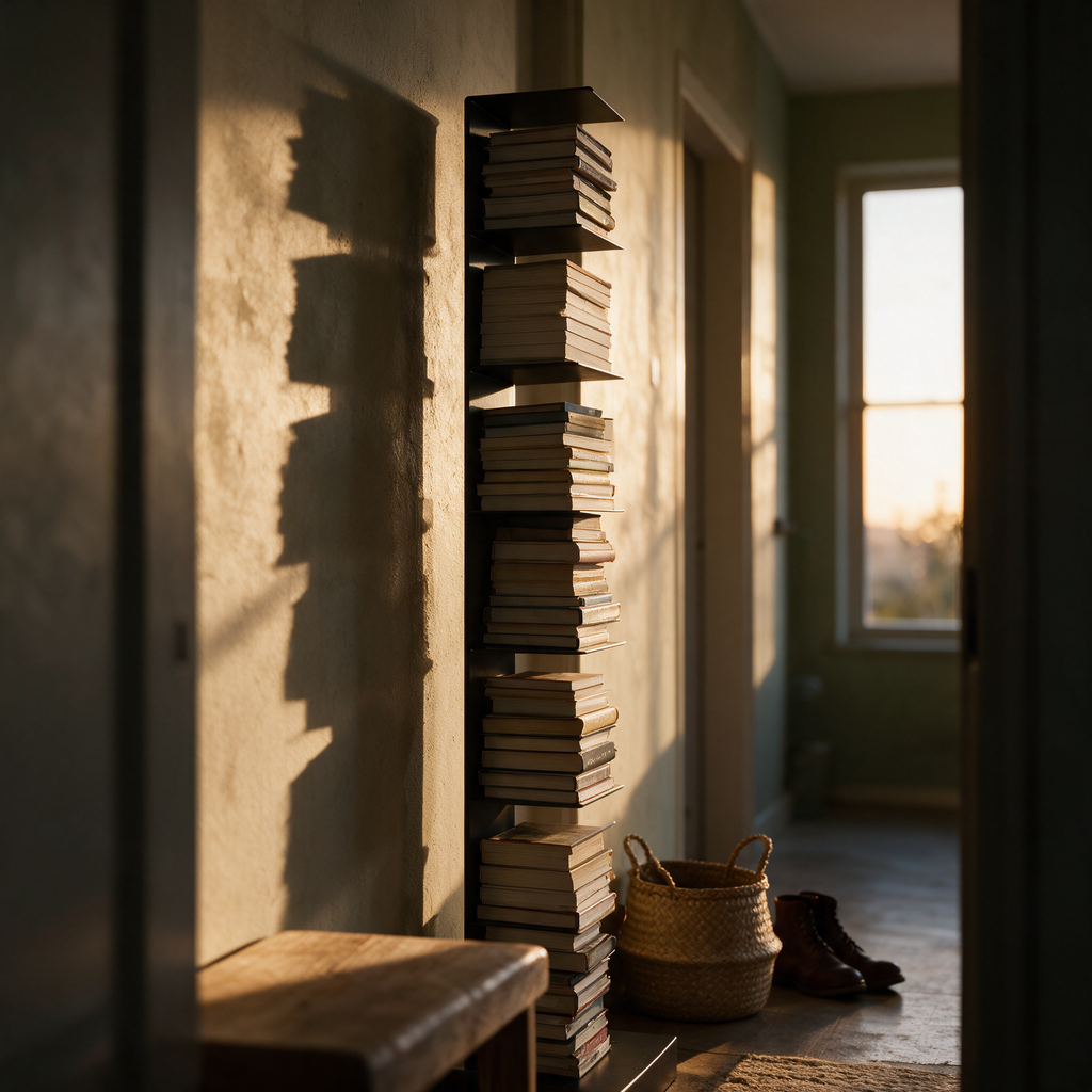 Side profile of the bookshelf along a hallway wall backlit at golden hour