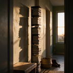 Side profile of the bookshelf along a hallway wall backlit at golden hour