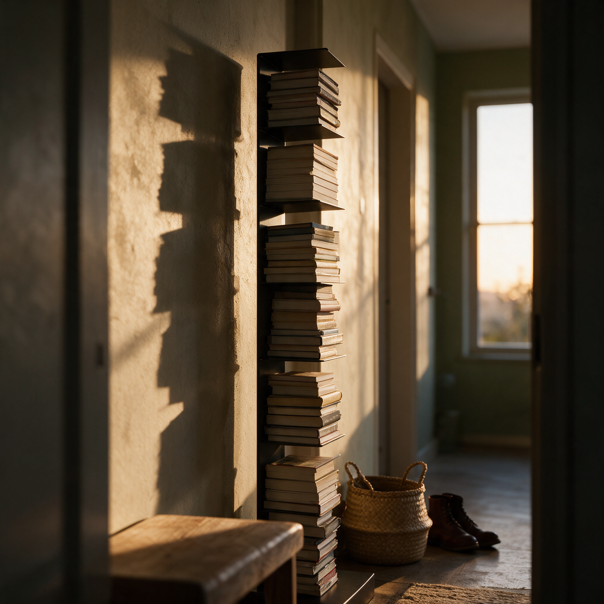 Side profile of the bookshelf along a hallway wall backlit at golden hour
