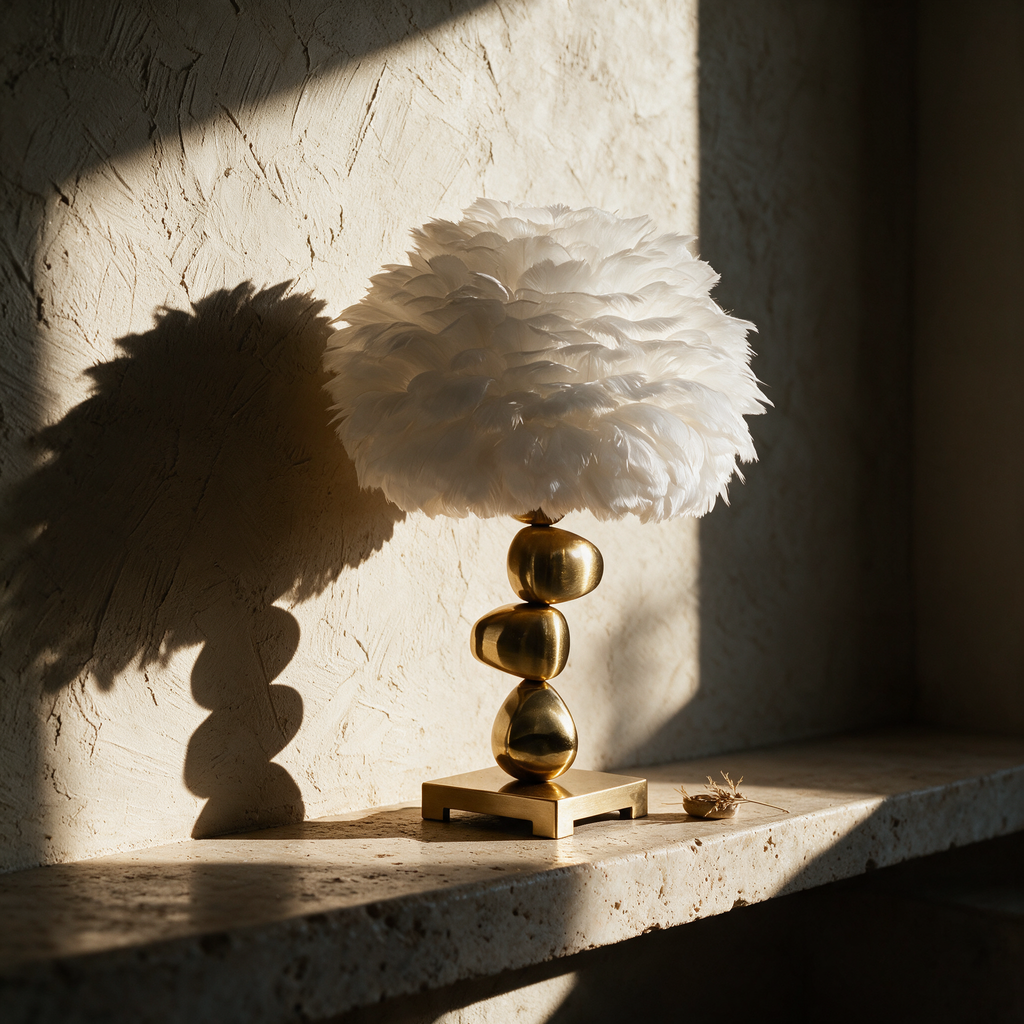 Unlit feather shade lamp on a travertine ledge in hard afternoon sunlight.