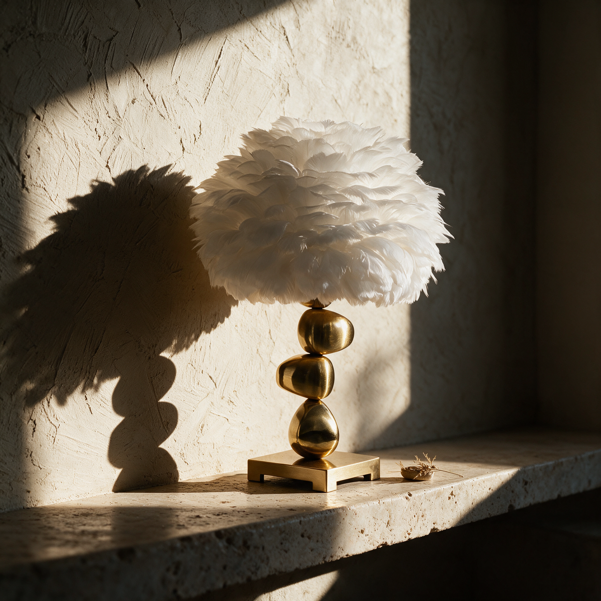 Unlit feather shade lamp on a travertine ledge in hard afternoon sunlight.