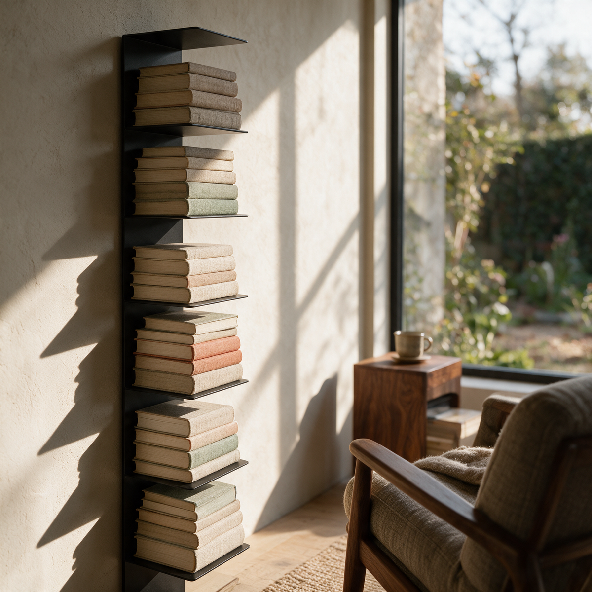 Black vertical spine wall bookshelf holding a column of books beside a window