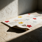 The star rug lying alone on a stone floor with one corner folded back to show the anti-slip underside.