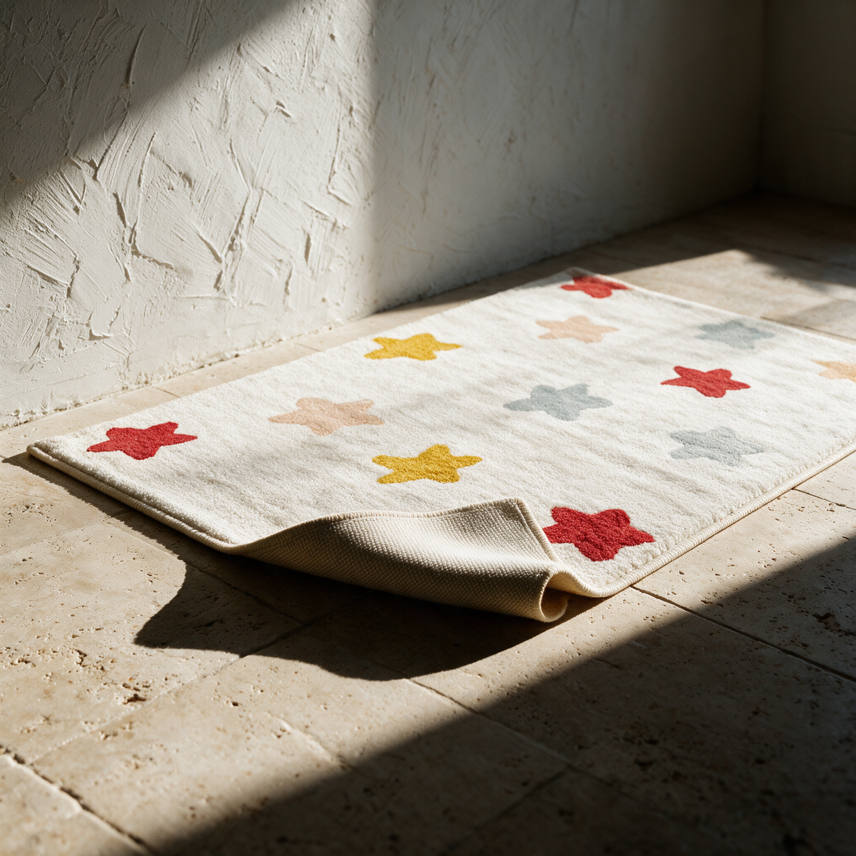 The star rug lying alone on a stone floor with one corner folded back to show the anti-slip underside.