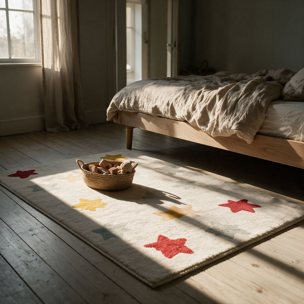 Cream rug scattered with coloured stars on the floor of a child's bedroom in late afternoon light.