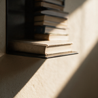 Close-up of one shelf plate projecting from the spine with a book resting on it