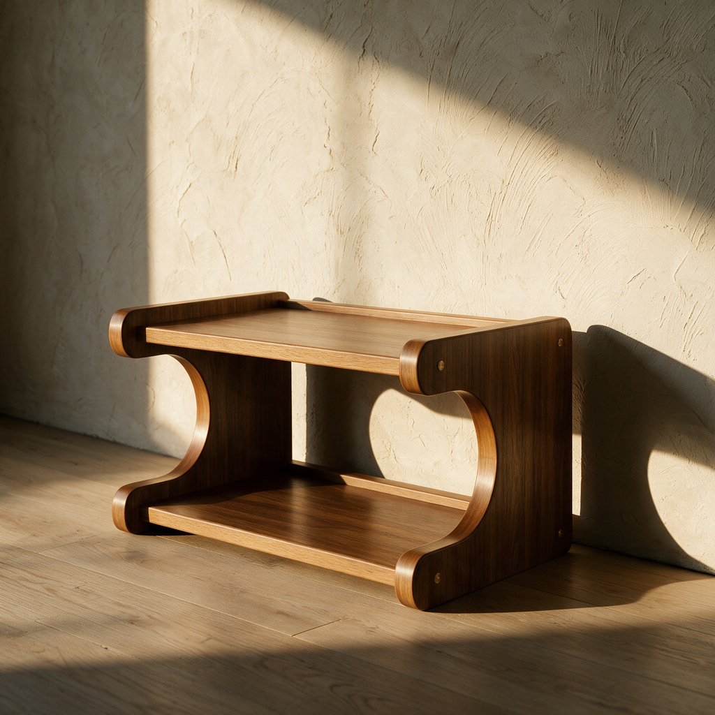 The empty bentwood bench on an oak floor against a plaster wall showing its C profile