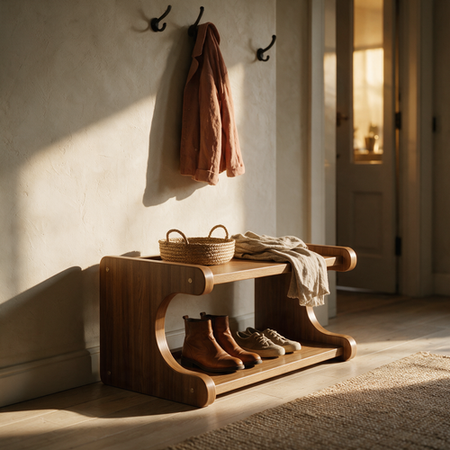 Curved bentwood shoe bench in an entryway with boots on the lower shelf at golden hour