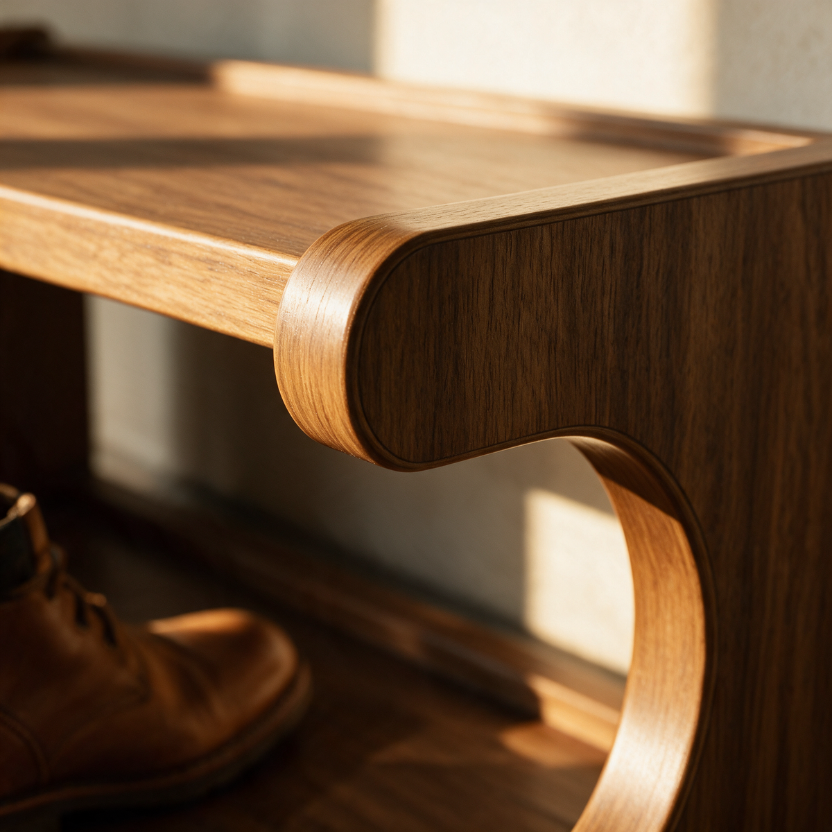 Close-up of the rounded bend where the bench top curves down into the side