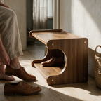 End-on view of the bench as someone sits to put on a shoe in a hallway