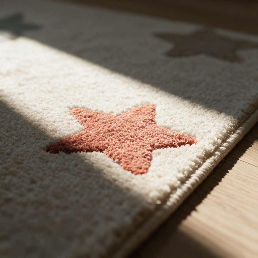 Macro detail of one coloured star where its fibres meet the cream pile near the bound edge.
